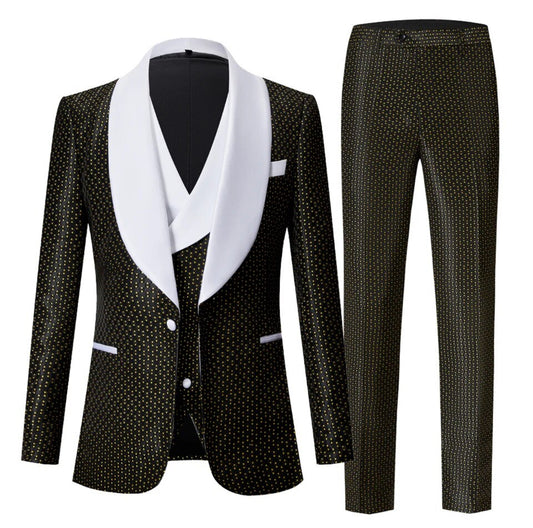 (3-Piece) Men's Black Gold Dotted  White Lapel Suits Slim Fit