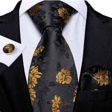 (3-Piece) Men's 100% Silk Luxury Black Floral Design Tie, Cufflinks and Pocket Square