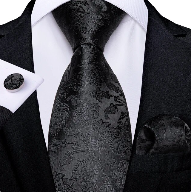 (3-Piece) Men's 100% Silk Luxury Black Paisley Floral Design Tie, Cufflinks and Pocket Square