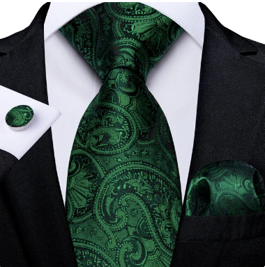 (3-Piece) Men's 100% Silk Luxury Green Paisley Design Tie, Cufflinks and Pocket Square