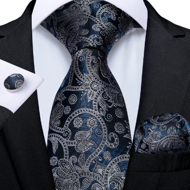 (3-Piece) Men's 100% Silk Luxury Blue Paisley Design Tie, Cufflinks and Pocket Square