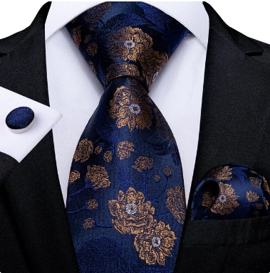 (3-Piece) Men's 100% Silk Luxury Blue Floral Design Tie, Cufflinks and Pocket Square