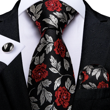 (3-Piece) Men's 100% Silk Luxury Black Red Rose Floral Design Tie, Cufflinks and Pocket Square