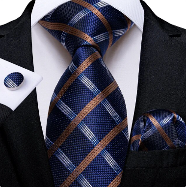 (3-Piece) Men's 100% Silk Luxury Blue Plaid Dot Striped Design Tie, Cufflinks and Pocket Square