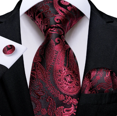 (3-Piece) Men's 100% Silk Luxury Red Paisley Design Tie, Cufflinks and Pocket Square